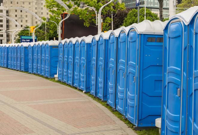 portable restrooms lined up at a marathon, ensuring runners can take a much-needed bathroom break in Elsa